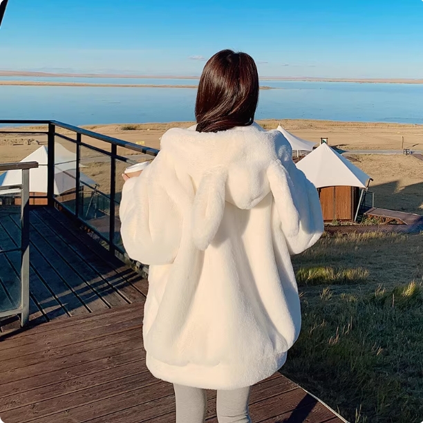 奶fufu兔耳朵可爱羊羔毛外套女冬2024新款加绒加厚软糯毛茸茸棉服